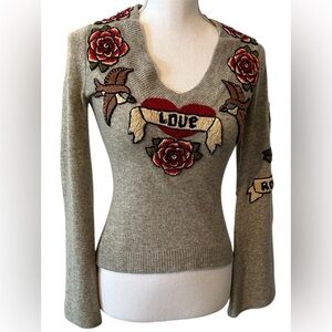 Embroidered V-Neck Sweater - Gray with Red Accents